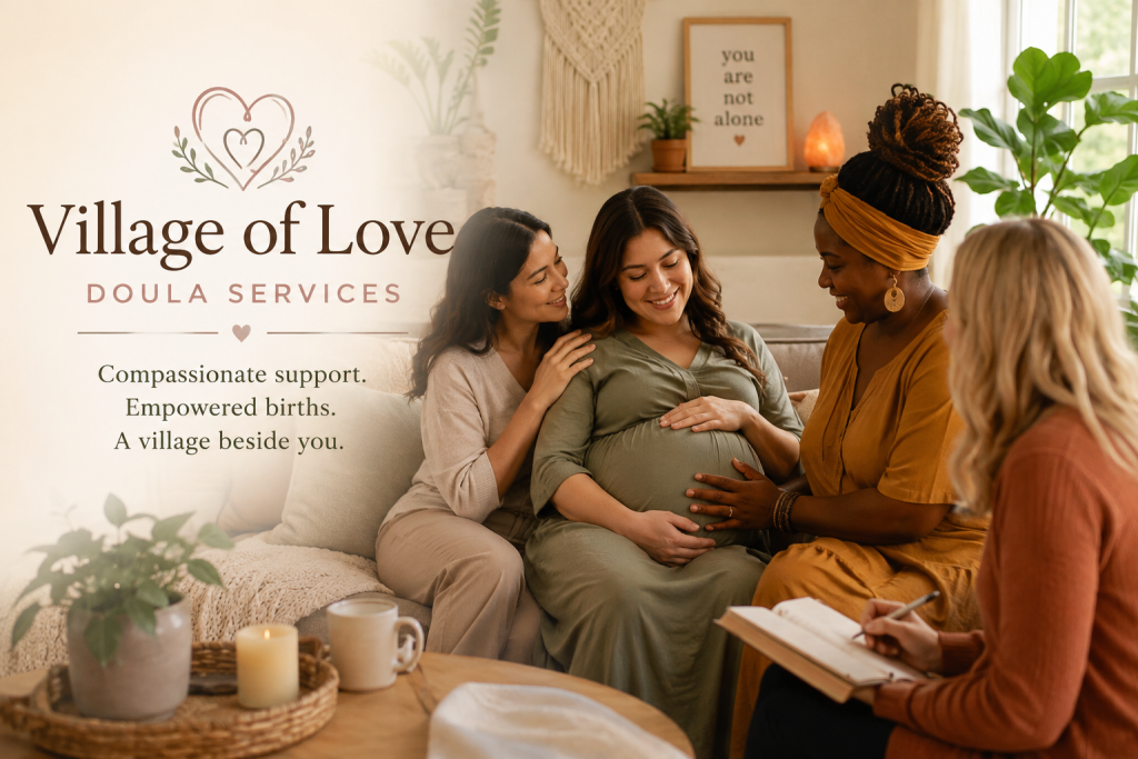 Pregnant mother receiving compassionate doula support from a diverse group of women